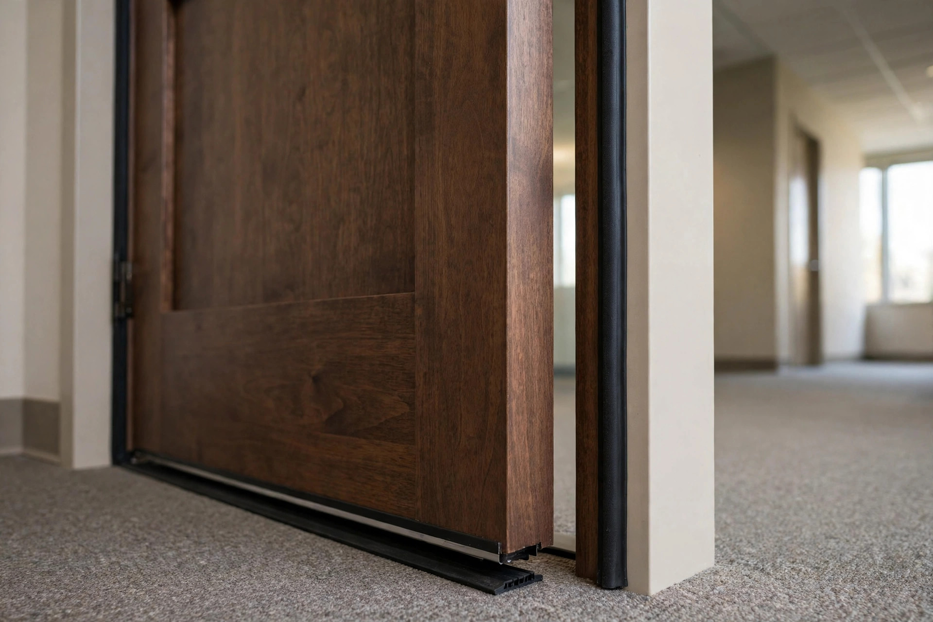 Solid-core acoustic door with perimeter seals in an office hallway