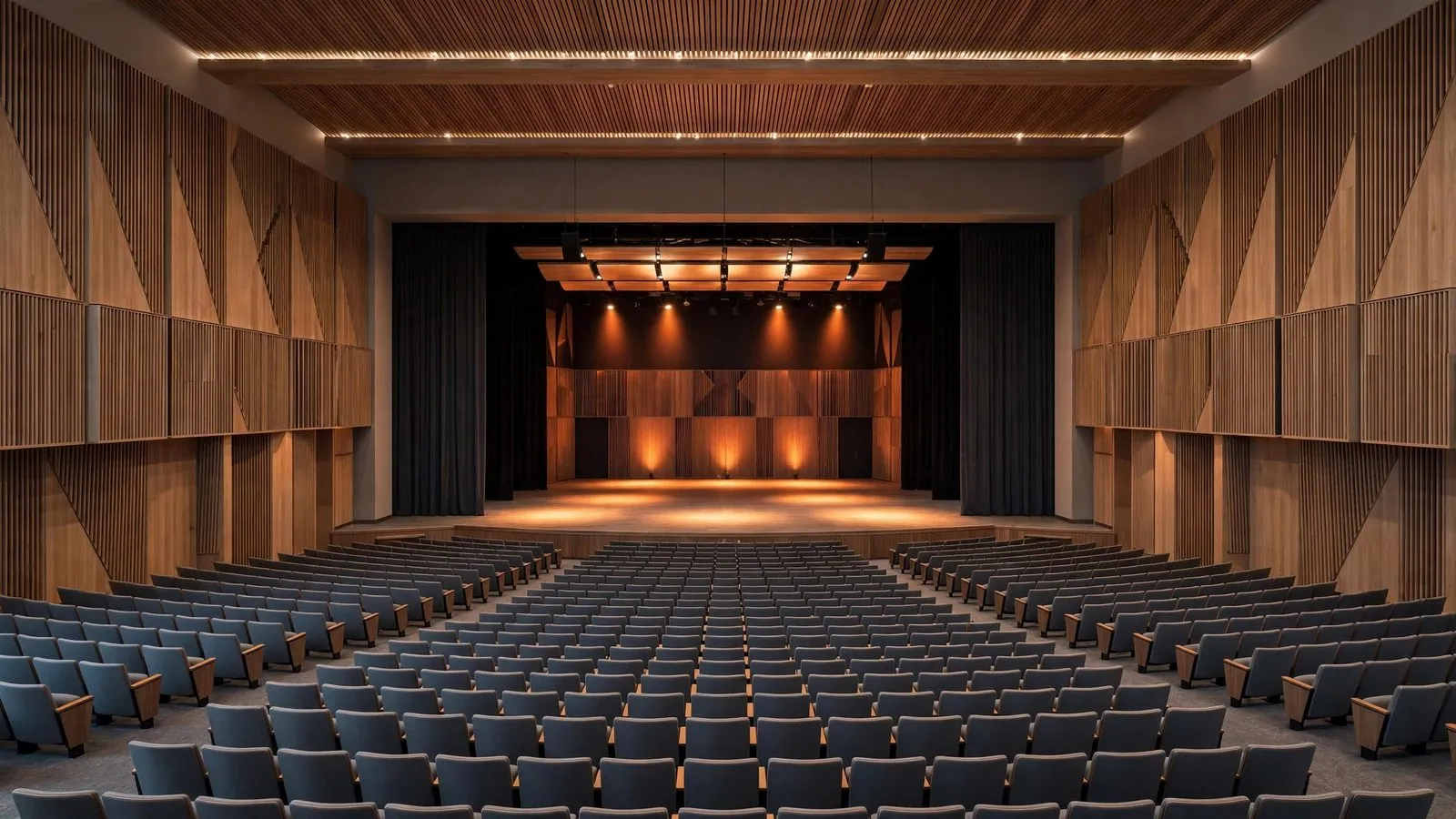 Concert hall with wooden acoustic wall panels