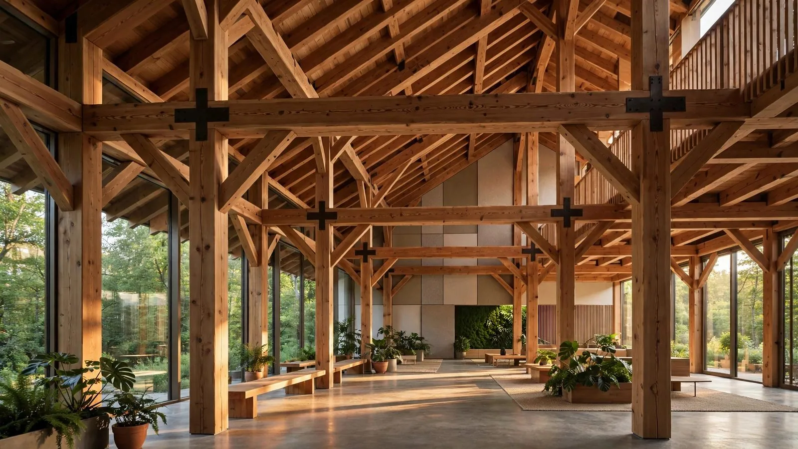 Mass timber building interior with wooden beams