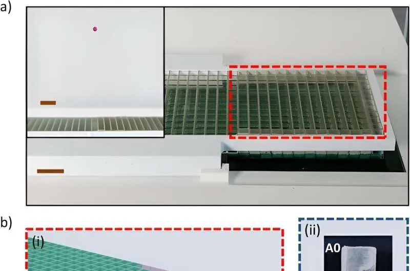 Design and operation of dynamic meta-bricks, showing the concept of in-situ reconfigurability within an assembled metamaterial array. a) Photograph of metasurface, showing acoustic levitation of a pink polystyrene bead in the inset. Scale bars, 1 cm. b) (i) Schematic of multi-layered metasurface, showing section within dashed red box in (a). (ii) Photograph of unactuated meta-brick (A0) and actuated meta-brick (A1) states, showing the meta-brick highlighted within the dashed blue box in (i). Scale bars, 2 mm. c) Schematics of the cross-section of three meta-bricks. (i) The first meta-brick does not have any flaps. The black arrows represent the direction of propagation, with a 40 kHz input from below. (ii) The second meta-brick shows how the static flaps (outlined in yellow) form maze-like obstacles within the channel to increase the general path length for the traveling soundwaves. (iii) For the third meta-brick in the dashed orange box, the bottom flap is replaced by a black dynamic flap. Within the inset, it shows that the dynamic flap can move downwards in the direction of the arrow within the 90-degree range encompassed by the dotted lines. Credit: Communications Materials, doi: https://doi.org/10.1038/s43246-023-00438-4 Research figure of the dynamic meta-brick array used in the magnetically actuated acoustic metamaterial
