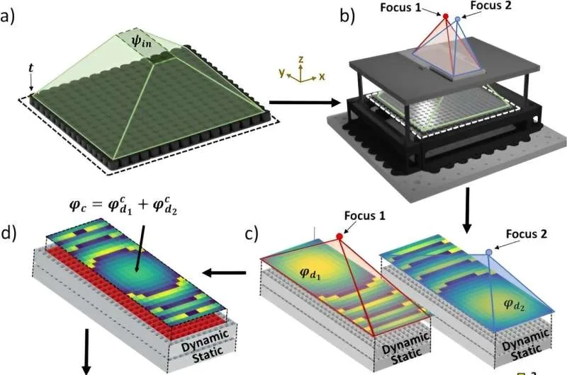 a) Each transducer t contributes to the complex pressure incident on the underside of the AMM. b) The dynamic metasurface stack focuses at two different points when the dynamic meta-bricks are actuated and unactuated respectively. c) We create a stack of static and dynamic metasurfaces to generate the two focal points. Note that the focal points are not drawn to scale in the schematics. d) We average the central bricks as these must remain static. e) For the edge bricks, we step through brick-by-brick to determine if a fully static stack or a static-dynamic hybrid stack is more suitable at this particular location. f) We add π to half of the metasurface to turn our focus into a twin compartment. g) Output of the algorithm. Credit: Communications Materials, doi: https://doi.org/10.1038/s43246-023-00438-4 Close-up detail of meta-brick unit cells in the acoustic metamaterial array